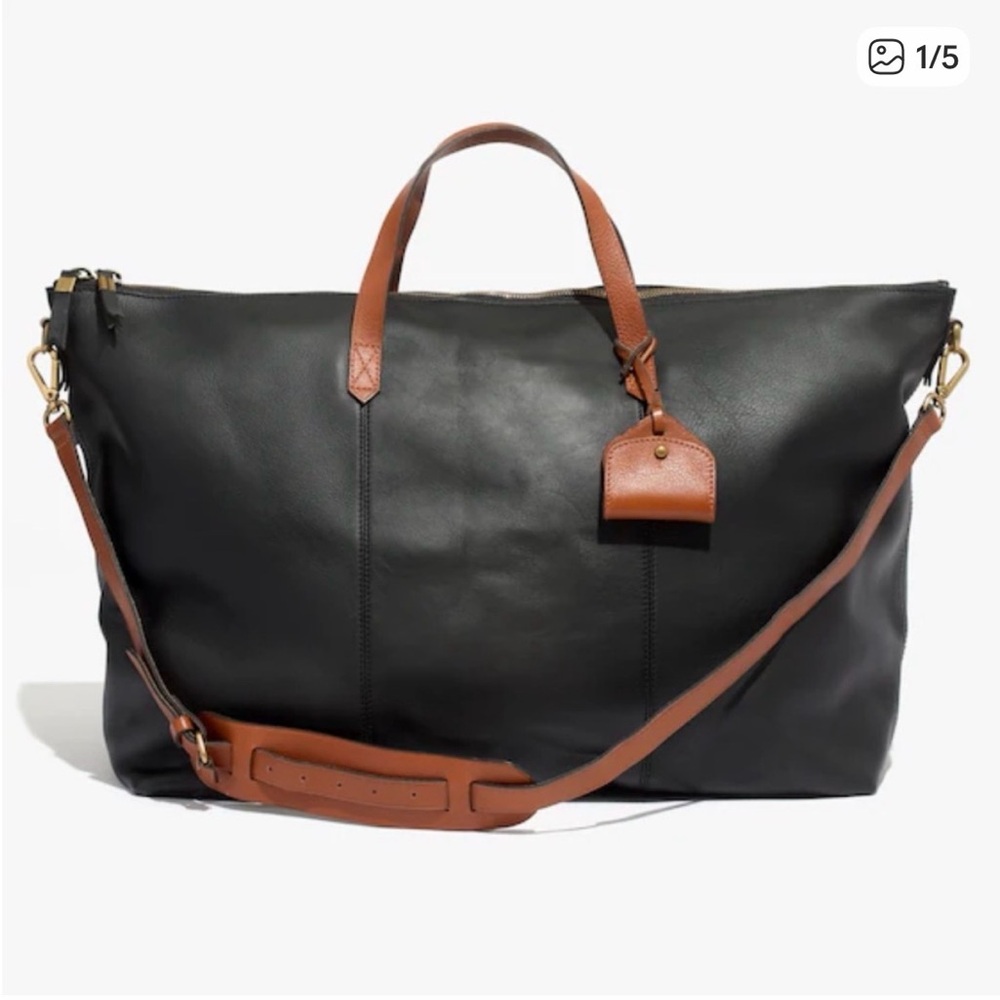 Madewell Black Leather Weekender with Brown Trim